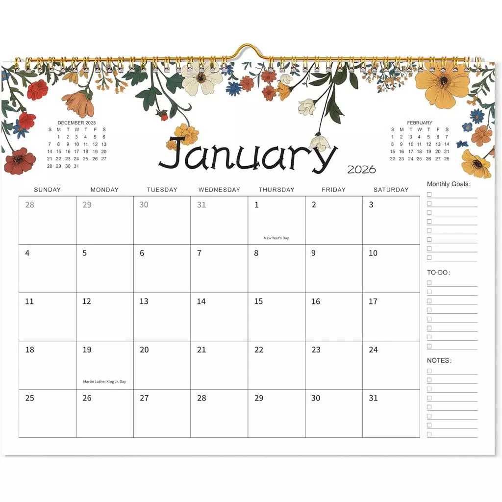 ปฏิทินติดผนัง 2026 – 15" x 12" ปฏิทินรายเดือนพร้อมดีไซน์ดอกไม้ตอนนี้ถึง ธ.ค 2026, ถึง-ทํา, บันทึกและส่วนเป้าหมายรายเดือน, ปฏิทินดอกไม้เหมาะสําหรับบ้านหรือสํานักง — ของมงคลหมวดไลฟ์สไตล์และของขวัญ