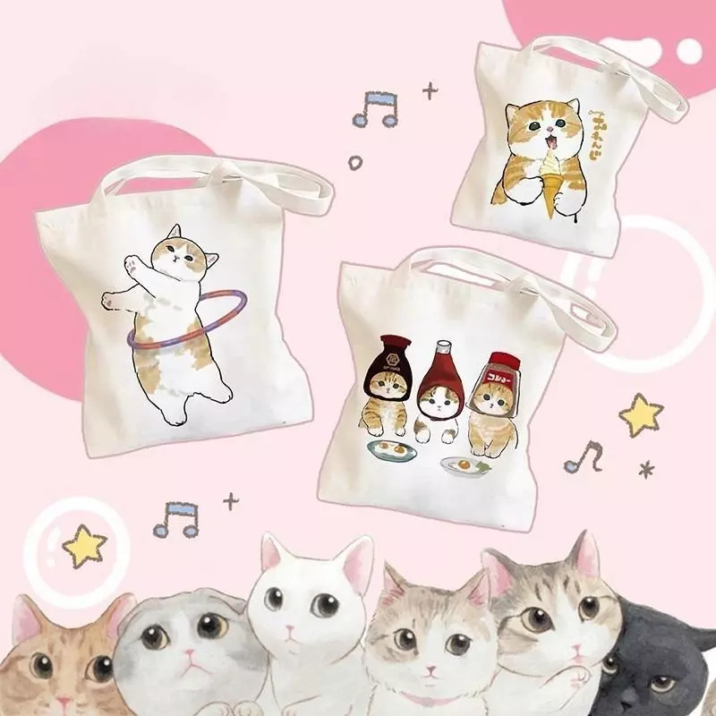 【จัดส่งจากกรุงเทพฯ】 กระเป๋าผ้ามินิมอล กระเป๋าถือ ผ้าแคสวาส 12 สกรีนลาย (แมวเหมีย