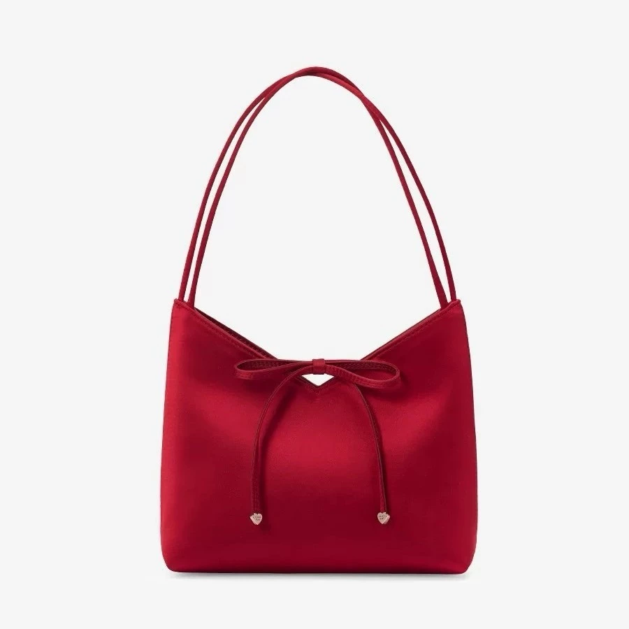 กระเป๋าสะพายไหล่ผู้หญิง ทรง Tote เล็ก แต่งโบว์น่ารัก สีแดงมงคล ใส่ตรุษจีน กระเป๋าถือออกงาน — ของมงคลหมวดสีมงคล