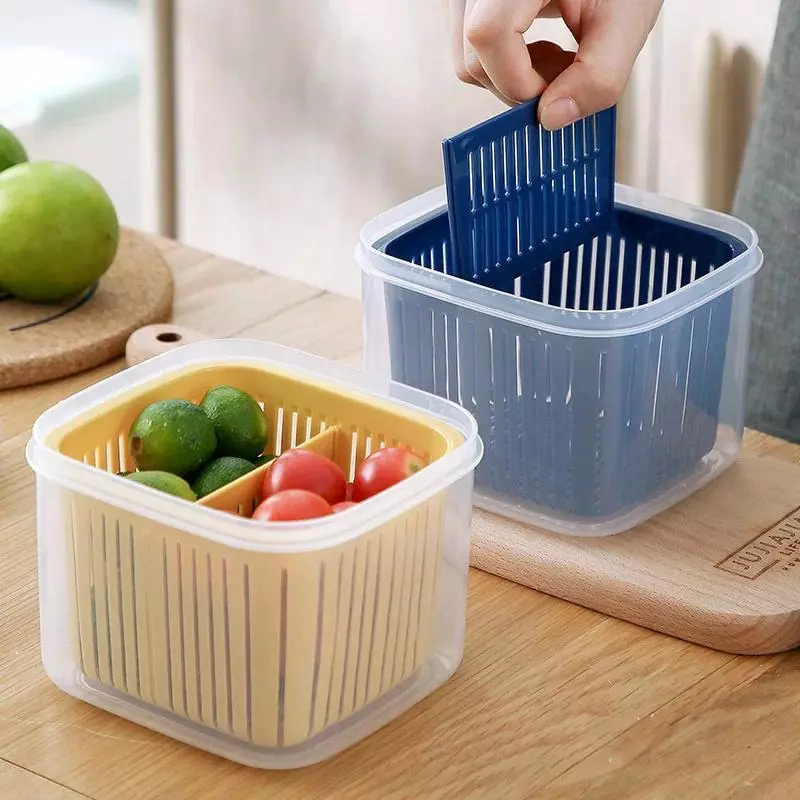 1Pcs 2 Grids Food Fruits Vegetables Storage Box Kitchen Ginger Garlic Box with Drain for Kitchen Fresh-keeping Food
