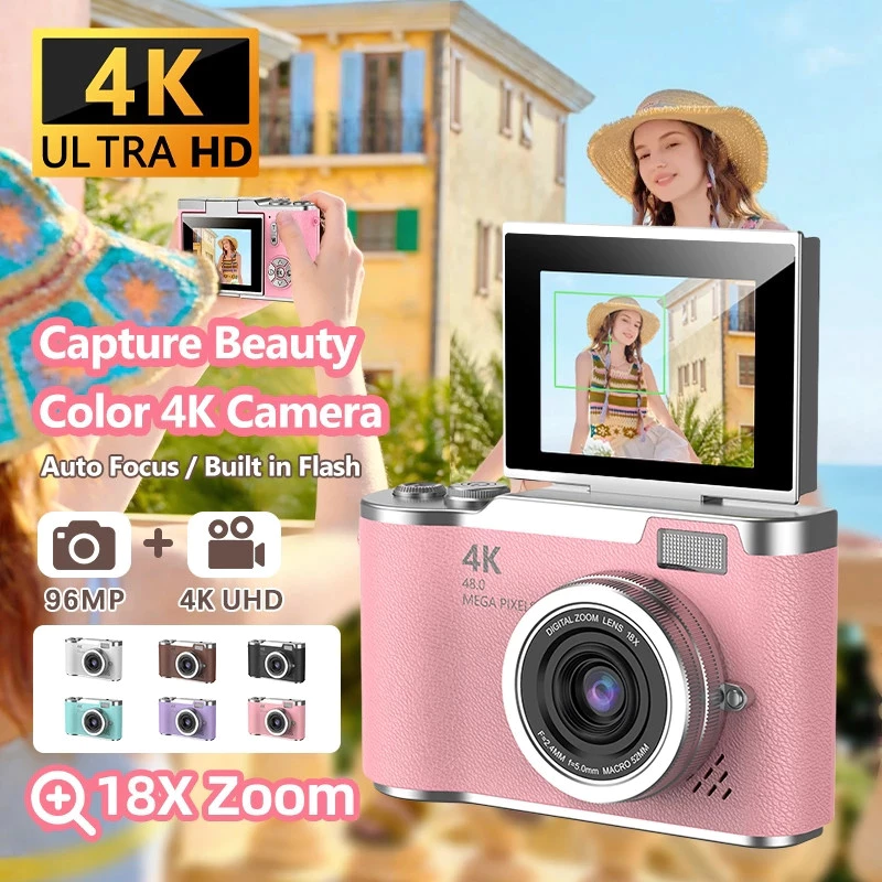 กล้องดิจิตอล 48MP 4K Retro CCD กล้อง 180° กล้อง Selfile แบบเต็มหน้าจอสําหรับโรงเรียนนักเรียน Vlogging Travel