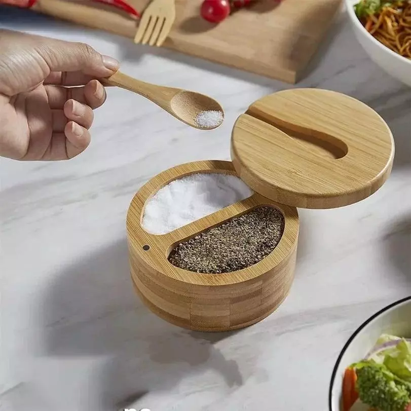 Kitchen Convenience Tools Bamboo Salt Jar Kitchen Seasoning Bottle Circular Bamboo Seasoning Box Spice Rack Accessories