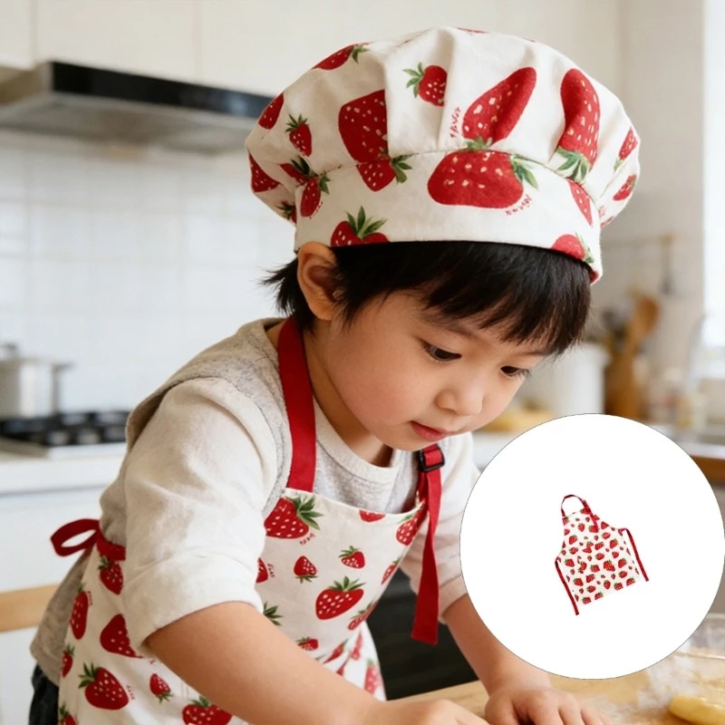 YU Children Kitchen Apron Strawberry Patterned Chefs Apron With Front Pocket Adjustable Strap For Kitchen and Art Activi
