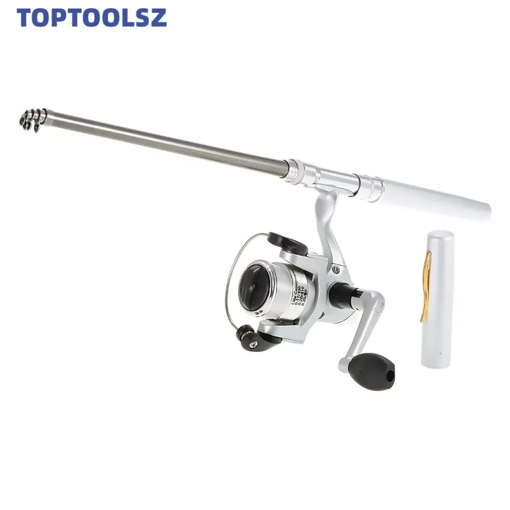 TOPTOOLS Pocket Fishing Rod, Telescopic Mini Pen Fishing Rod, Portable Silver Lightweight Fishing Rod Reel Lake Fishing