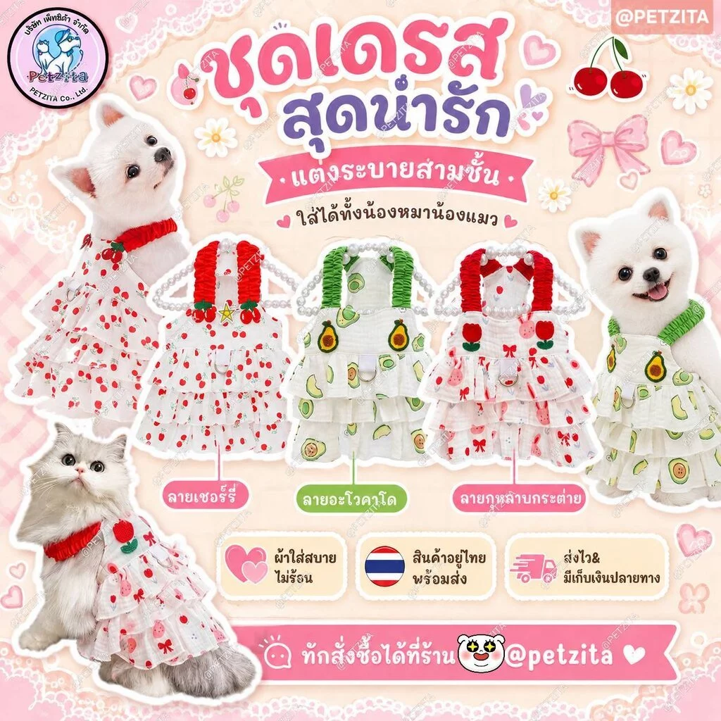 🇹🇭พร้อมส่ง🇹🇭🍒XS-4XL เดรสแต่งระบาย ลายน่ารักสุดๆ เสื้อผ้าสัตว์เลี้ยง ชุดสุนัข หมา แมว หมาอ้วน