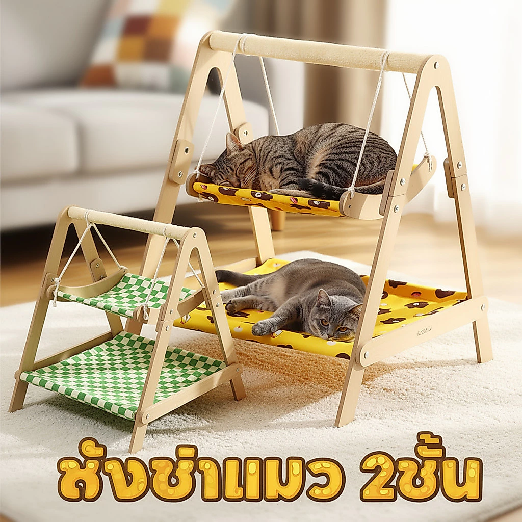 เตียงแมว เปลแมว ที่นอนแมว ชิงช้าแมว เตียงไม้แมว เบาะผ้าแมว ประกอบง่าย ที่นอนสัตว์เลี้ยง