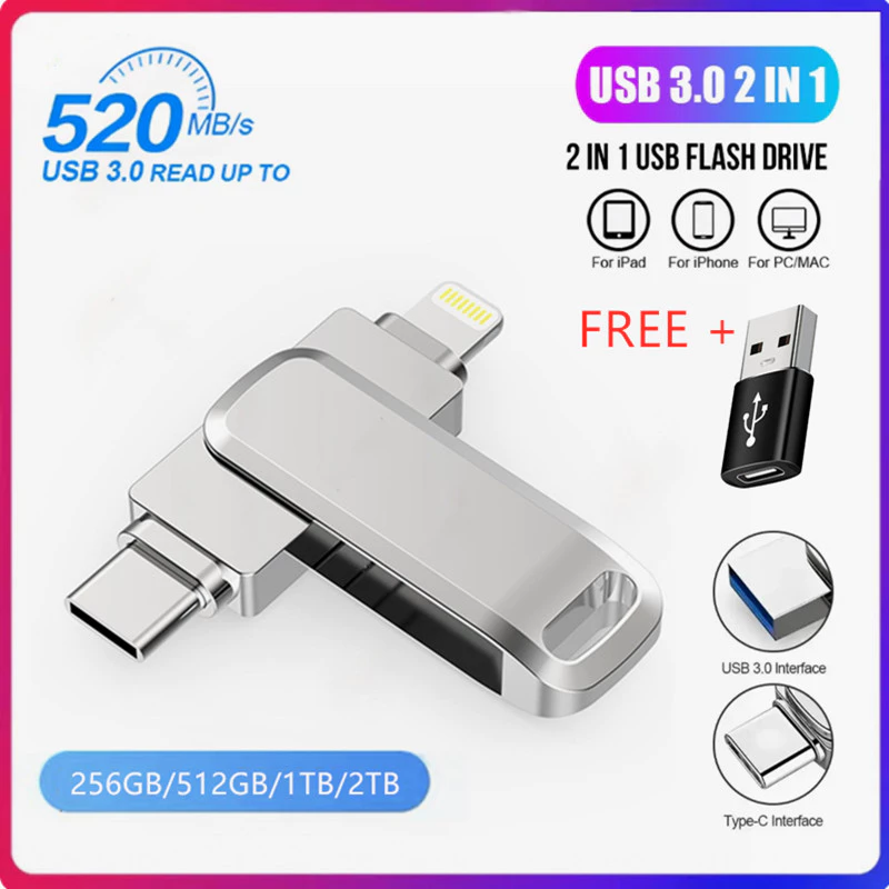 แฟลชไดรฟ์ USB 3.0 1TB 2TB Type-C Pendrive USB Stick สําหรับ iPhone iPad/Lightning 3IN1 แฟลชไดรฟ์