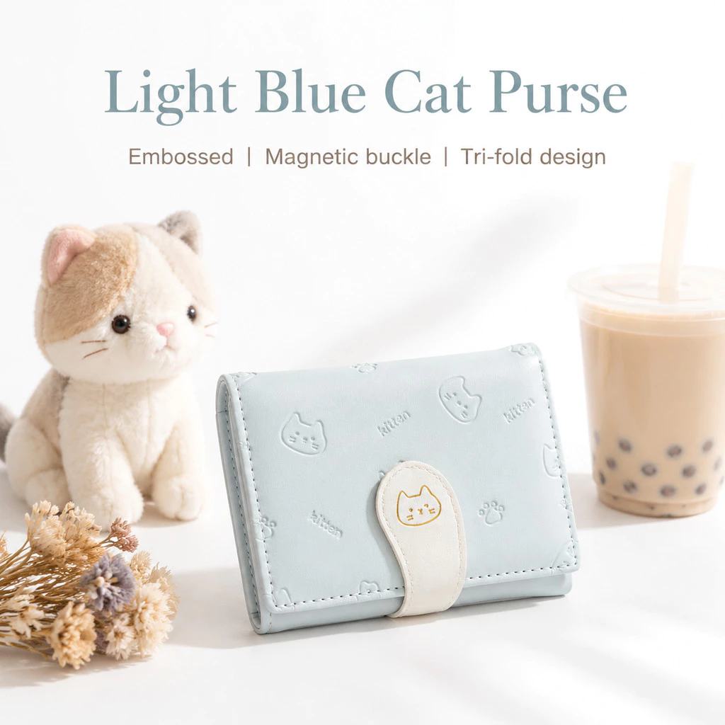 กระเป๋าสตางค์ผู้หญิงแมวนูน Trifold หนัง PU สีพาสเทลพร้อมหัวเข็มขัดแม่เหล็ก หลากสี — ของมงคลหมวดสีมงคล