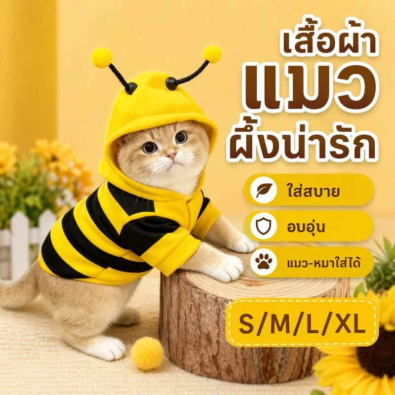 เสื้อแมว เสื้อสุนัข เสื้อกันหนาวสัตว์เลี้ยง เสื้อฮู้ดผึ้ง ผ้าขนสัตว์ นุ่มอุ่น น่ารัก ไซส์ S M L XL