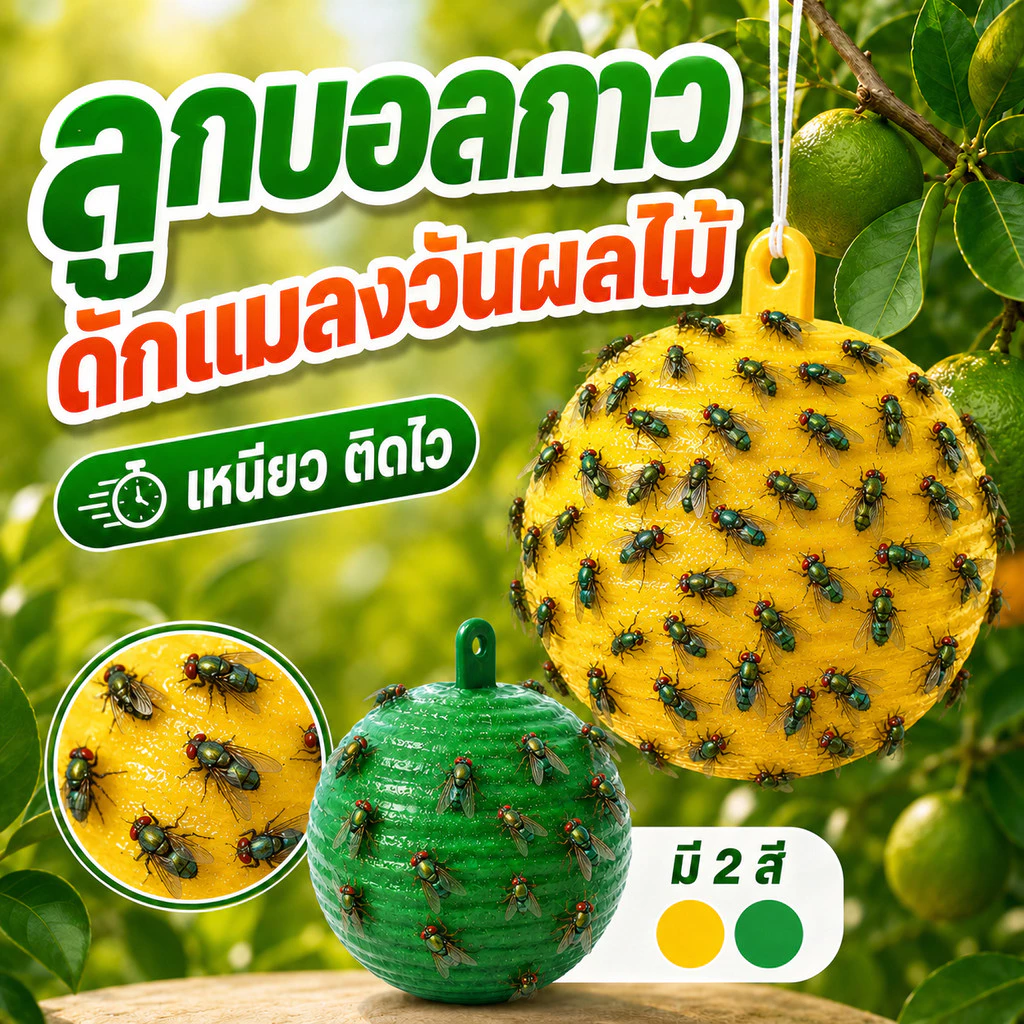 ลูกบอลกาวดักแมลงวันผลไม้ สีเหลือง/เขียว สำหรับสวนส้ม สวนผลไม้ สวนผัก แขวนง่าย มี 3/6/10 ชิ้น ใช้งานในสวน COD