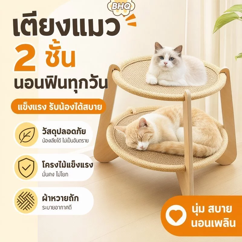 BHQ เตียงแมวไม้ 2 ชั้น เตียงแมวไม้ เตียงแมวฝนเล็บแมว โซฟาแมวถักหวาย ลับเล็บแมว เหมาะสําหรับทุกฤดูกา