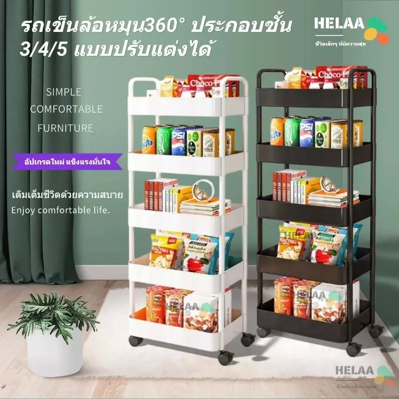HELAA ชั้นวางของรถเข็นพลาสติก 3/4/5 ชั้น พร้อมล้อเลื่อน+ที่จับ รถเข็นเก็บของ เคลื่อนย้ายสะดวก วางของในครัว 