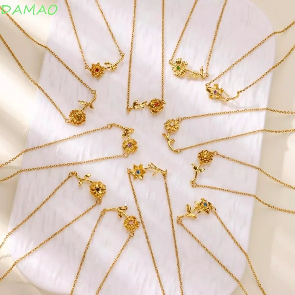 DAMAO Birthstone สร้อยคอ, Minimalist Dainty ดอกไม้ Charm Choker, แฟชั่นสร้อยคอ 12 เดือน Birthstone O-chain Rhinestone จี้สร้อยคอผู้หญิง — ของมงคลหมวดราศีและนักษัตร