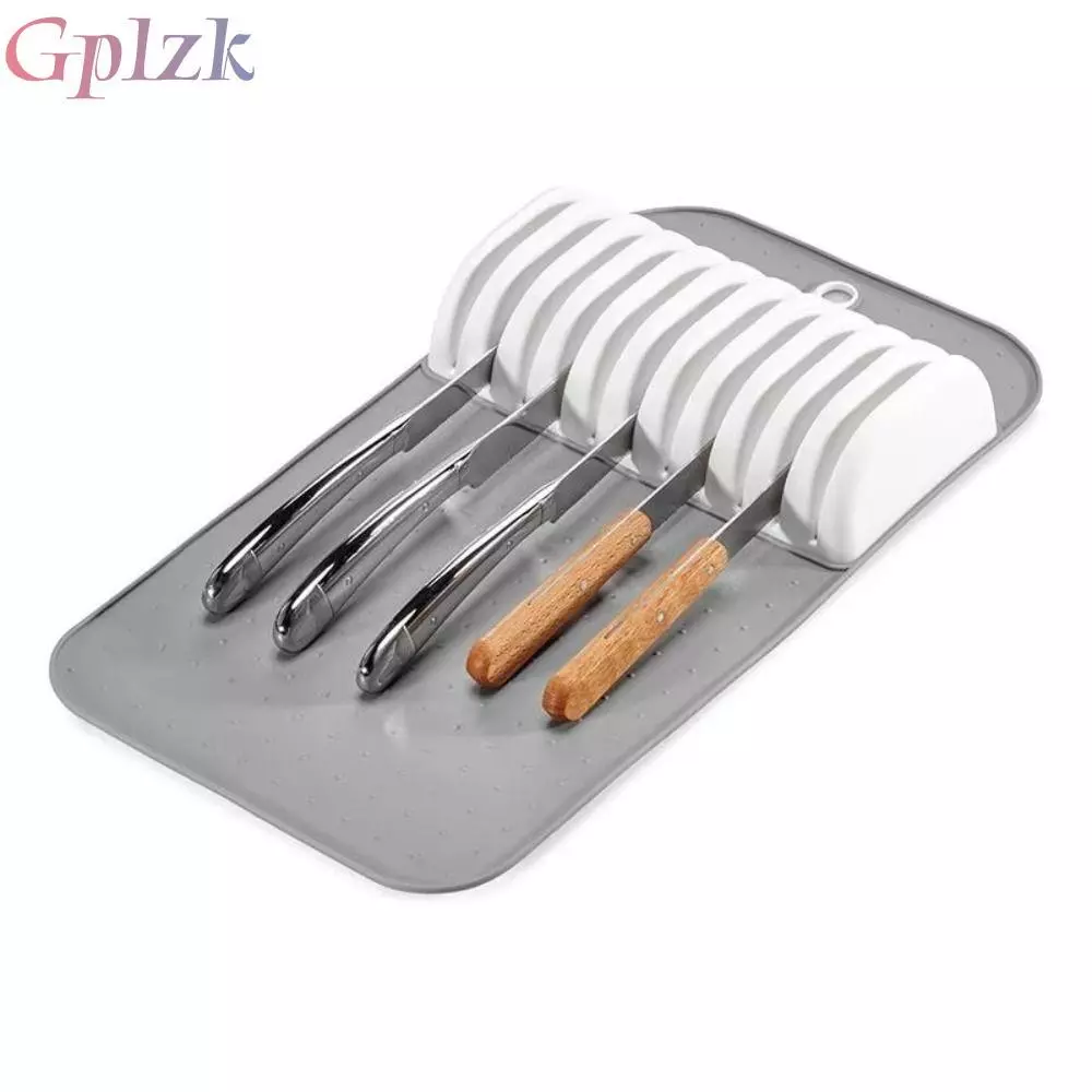 ที่วางเครื่องมือตัด GPLZK, Soft-Grip 11 Slots Cutting Tools Mat, Large Non-slip Space Saving Kitchen Drawer Storage Kitchen Supplies