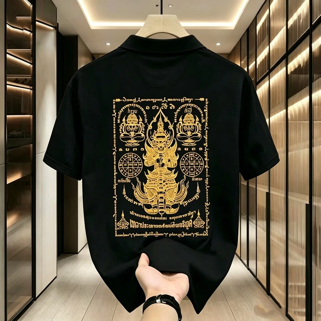 เสื้อโปโลสีดำลายยันต์มงคลทศกัณฐ์สีทองด้านหลังผ้าฝ้ายนุ่มใส่ทำบุญท่องเที่ยวไทย — ของมงคลหมวดสีมงคล