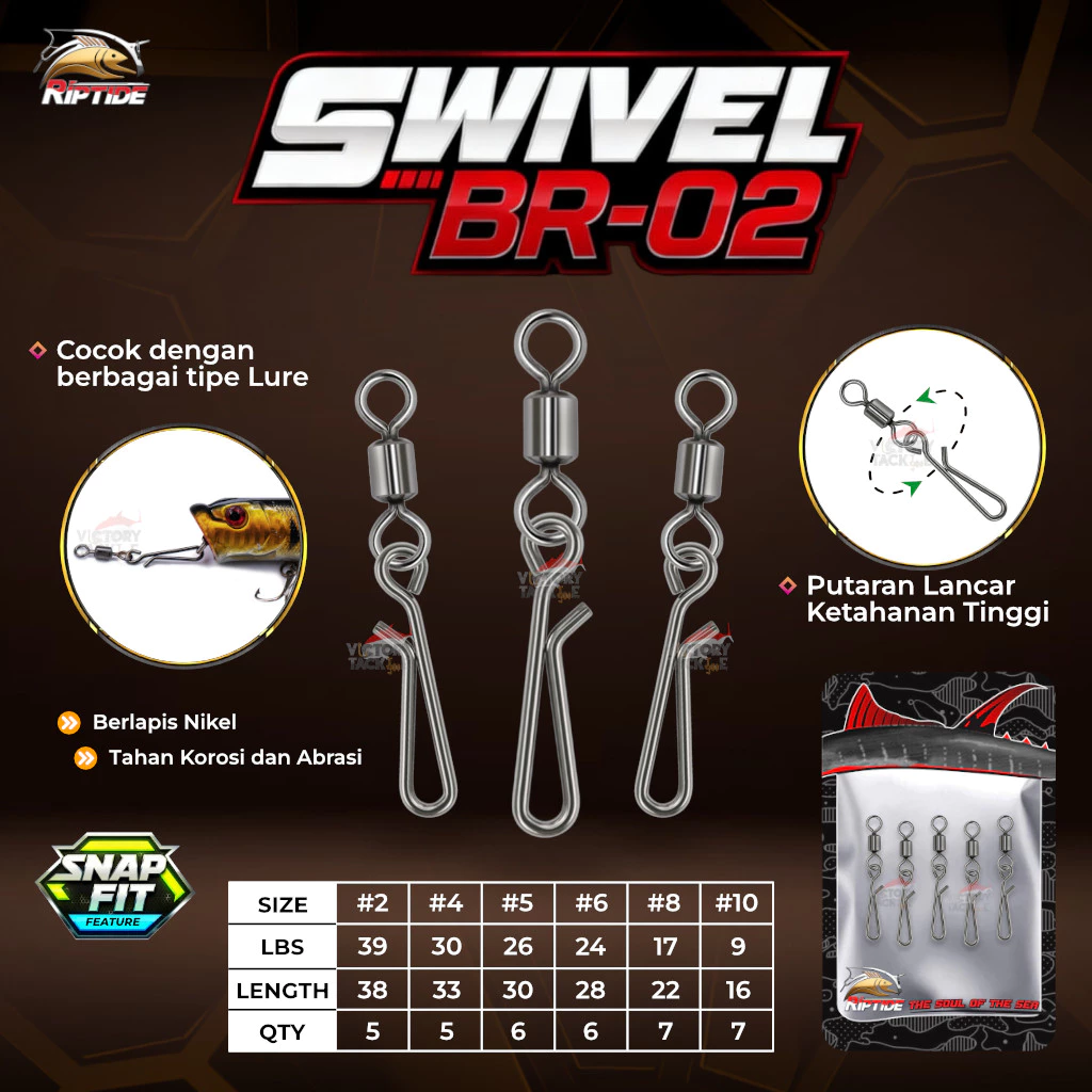 RIPTIDE SWIVEL BR-02 KILI FISHING SNAP FIT NICKEL COATED STRONG ANTI-CORROSI