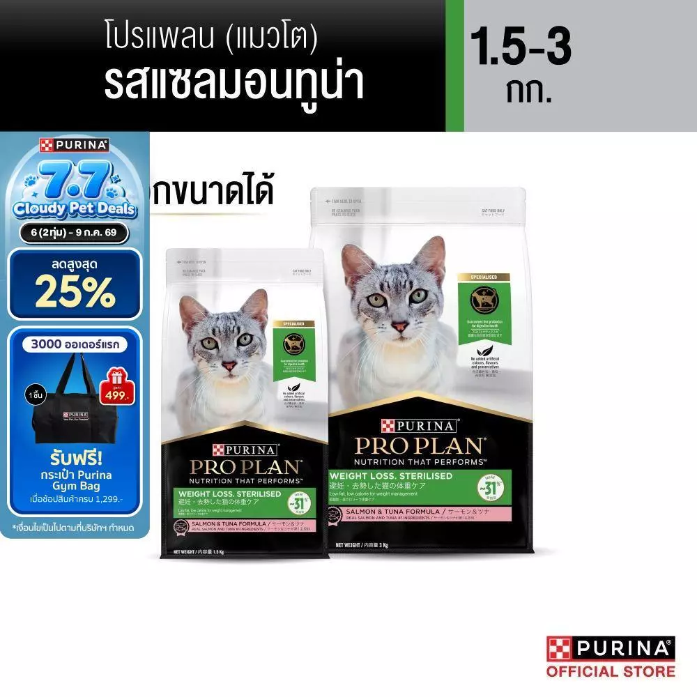 [เลือกขนาดได้] Purina PRO PLAN Cat อาหารแมว สำหรับแมวโต สูตรควบคุมน้ำหนัก Weight -Loss 1.5-3 kg