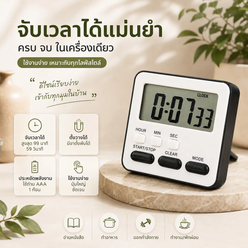 ตัวจับเวลาทำอาหาร นาฬิกาจับเวลาถอยหลัง พร้อมเสียงปลุก สำหรับครัว อบขนม เรียน - S00126