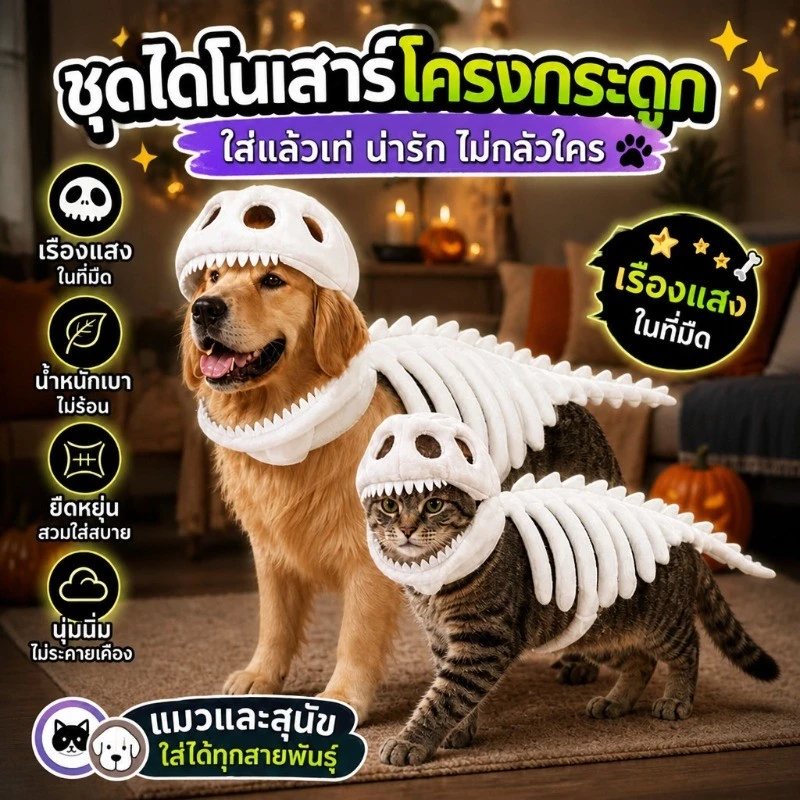 🦖ชุดไดโนเสาร์สัตว์เลี้ยง สำหรับแมวสุนัข cosplayหมวกไดโนเสาร์ แบบโครงกระดูก น่ารัก ฮาโลวีน 3Dเสื้อผ้า