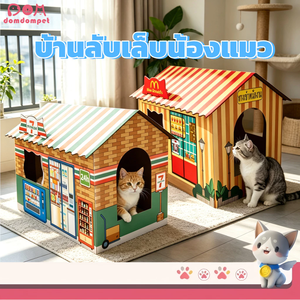 DOMDOMPET บ้านแมวพร้อมที่ลับเล็บ ที่ลับเล็บเเมว บ้านสัตว์เลี้ยง ดีไซน์ร้านค้า7-11 น่ารักมาก กล่องกระดาษลับเล็บเเมว