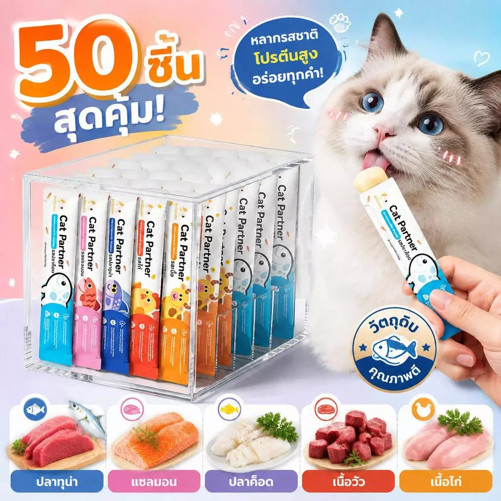[50 ซอง] 🐟Ketzuzu ขนมแมวเลีย 16g โปรตีนสูง บำรุงขน เนื้อมูสละเอียด อาหารเสริมแมว 5 รส ทูน่าแซลมอนไก่