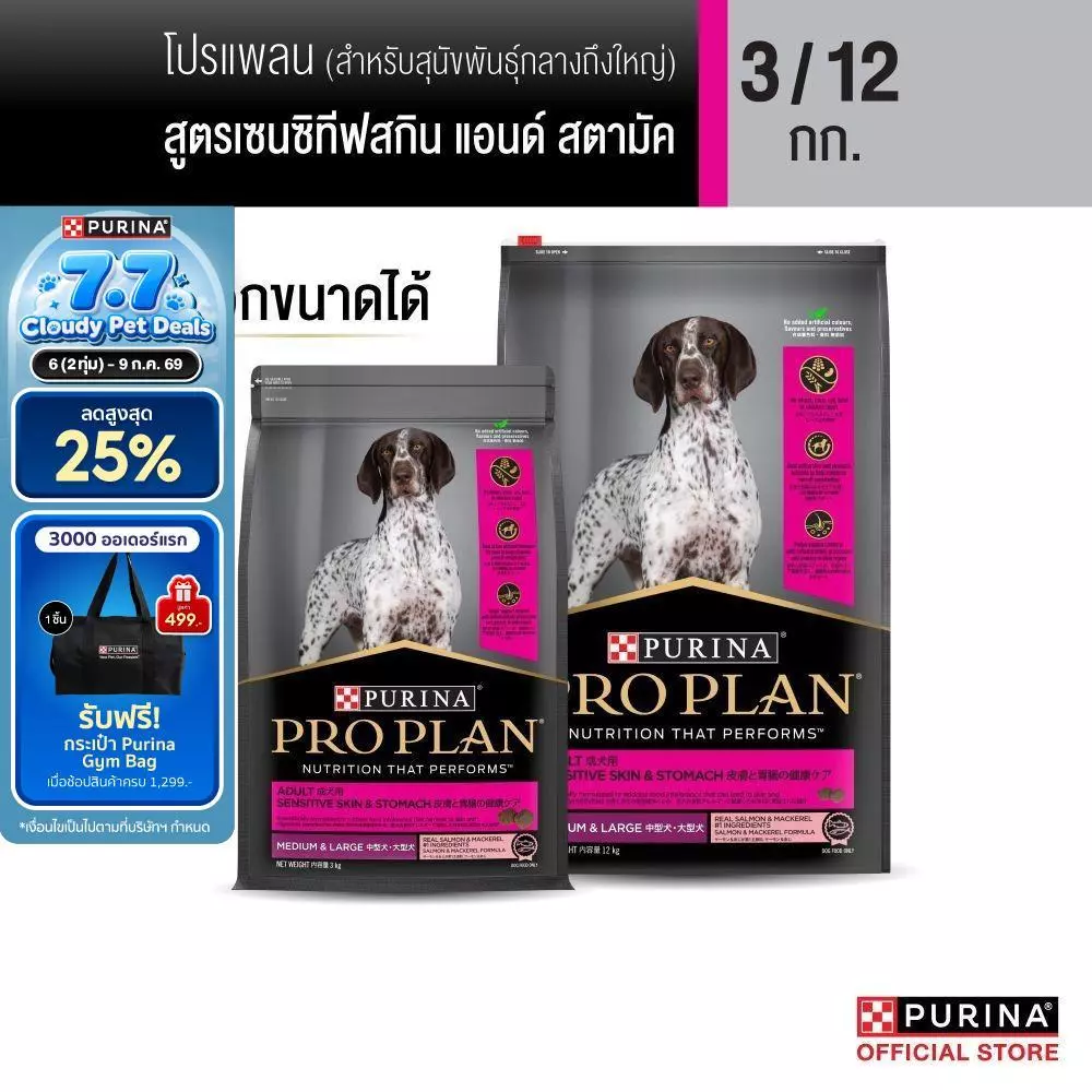[เลือกขนาดได้] Purina PRO PLAN Dog อาหารสุนัข สุนัขโต แพ้ง่าย สูตร Sensitive Skin and Stomach