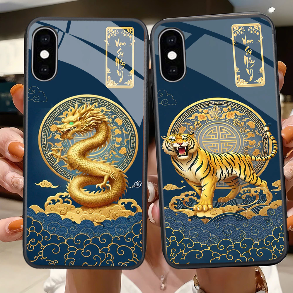 เคสสําหรับ IPHONE X, XS, XSM, XR ออกแบบด้วยสัตว์ 12 ราศีสําหรับ Tet 2026, หลังกระจกนิรภัย, เคส Tet — ของมงคลหมวดราศีและนักษัตร
