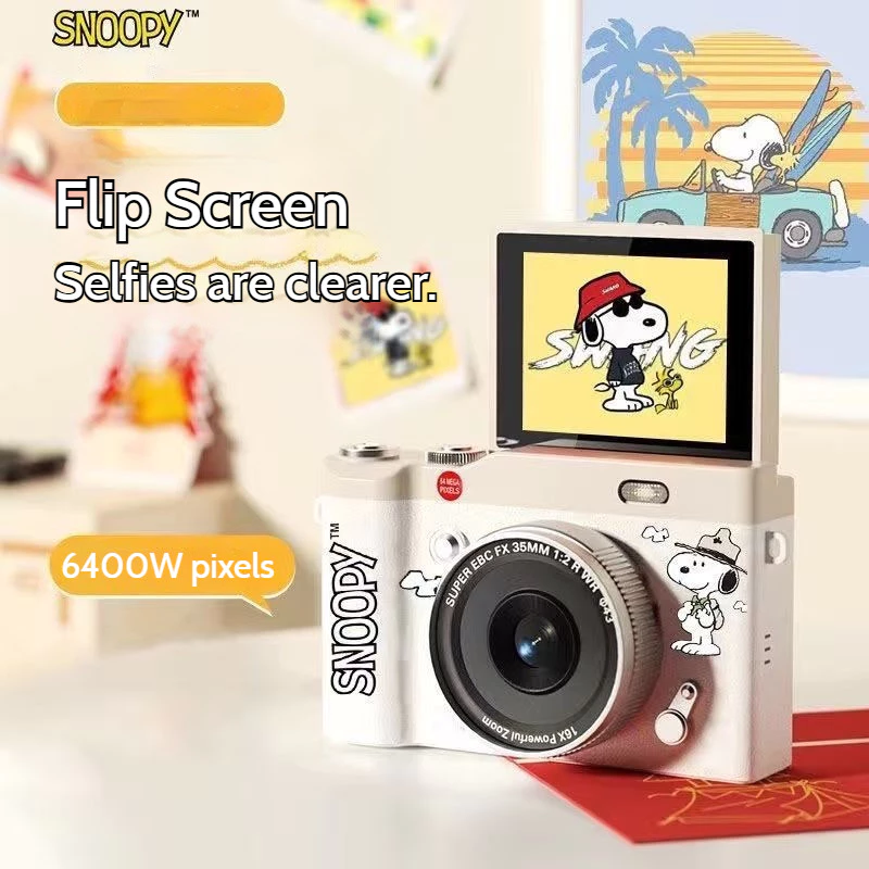 กล้อง Snoopy SN15 ความละเอียด 64MP หน้าจอพลิกได้ 180° กล้องมิเรอร์เลสเซลฟี่ความคมชัดสูงสไตล์เรโทร กล้อง CCD สำหรับนักศึกษา/นักเรียน