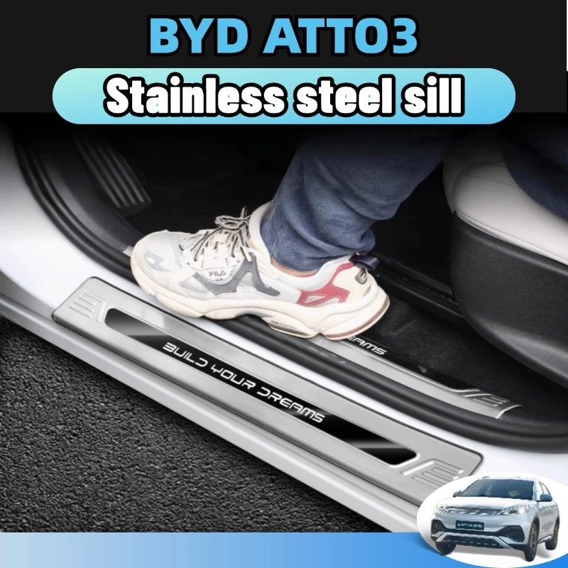 丨Byd atto3 2023-2025 แถบกาบประตู แป้นเหยียบต้อนรับ สแตนเลสเกรด304 การ์ดท้ายรถ ทนต่อรอยขีดข่วน 11ชิ้น สีดำ สีเงิน ของแต่ง