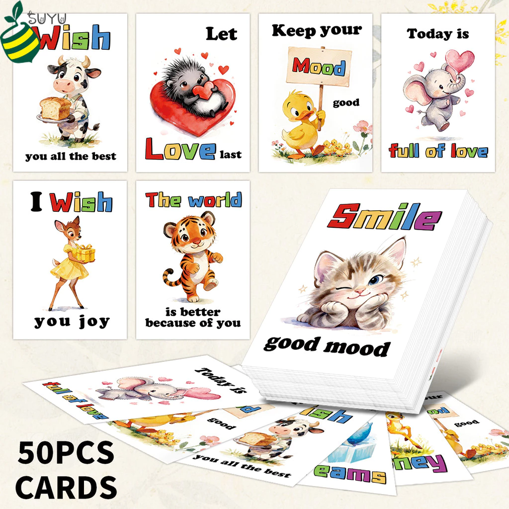 50 ชิ้นสัตว์น่ารัก Positive Affirmation การ์ดสําหรับเด็ก | การ์ดโน้ตคําคมขนาดเล็กสร้างแรงบันดาลใจสําหรับกล่องอาหารกลางวันของโรงเรียนรางวัลและของขวัญ | ชุดสํารับการ์ดส่งเสริม — ของมงคลหมวดไลฟ์สไตล์และของขวัญ