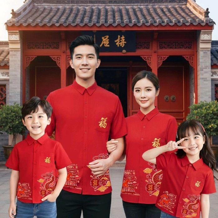 PINKเสื้อเชิ้ตคอปกตรุษจีน2026 ลาย'ฮก'มงกร อักษรมงคล สีแดงมงคล ลายคมชัด ผ้าโพลีพรีเมี่ยม ไซส์ครบทีม เด็ก-ผู้ใหญ่ — ของมงคลหมวดสีมงคล