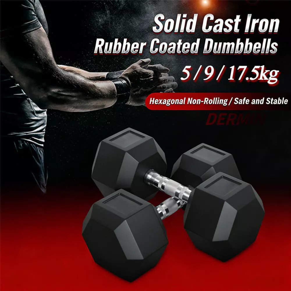1 ชิ้น 5KG/9/17.5 KGใหม่ ดัมเบลหัวยางแบบหกเหลี่ยม Hex Dumbbell ชั้นประถมศึกษาปีที่ใช้ในครัวเรือนยางหกเหลี่ยมโครเมี่ยมค
