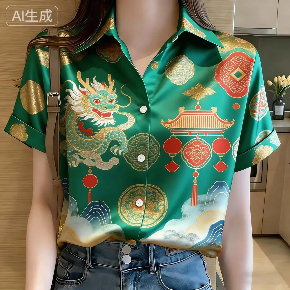 เสื้อแขนสั้นปุ่มลงลายพิมพ์มงคล สีเขียวและแดง สไตล์วัดมังกรทอง (เหมาะสำหรับเทศกาลบloom) — ของมงคลหมวดสีมงคล