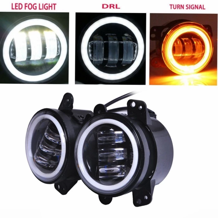 30W 4 Inch Round Led Fog Light White Halo Ring Angel Eyes & White Lamp DRL Bulb Angle Eyes for Jeep