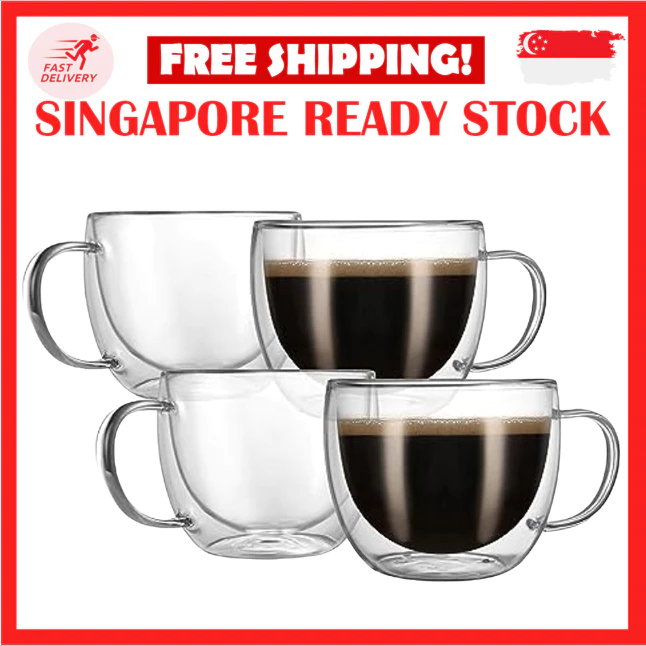 ชุดแก้วกาแฟแก้วติดผนังคู่ 4 ใบ 150 มล. แก้วแก้ว ESPRESSO ที่ชัดเจนพร้อมที่จับสําหรับ LATTE CAPPUCCINO COFFE — ของมงคลหมวดไลฟ์สไตล์และของขวัญ