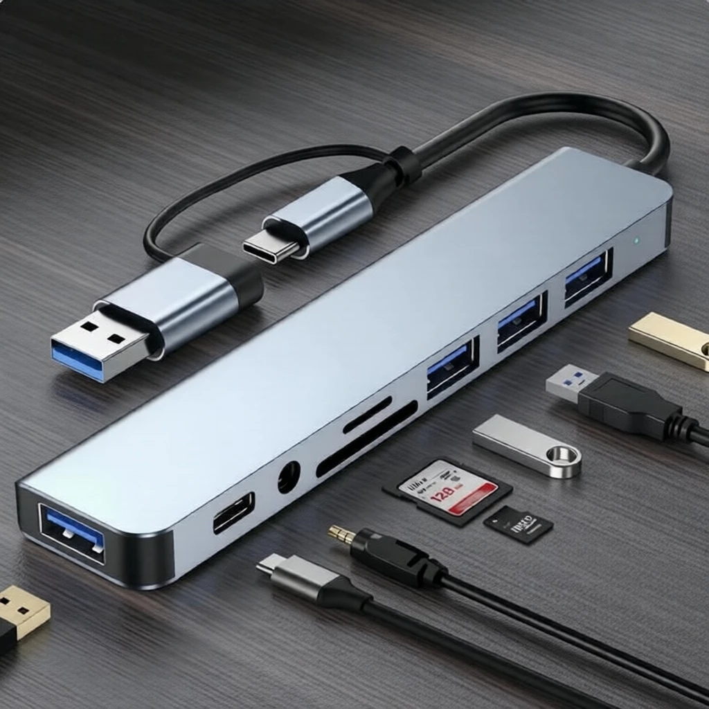 8-in-2 USB 3.0 ฮับ TYPE-C ฮับ USB C ด็อกกิ้งสเตชั่น ถ่ายโอนความเร็วสูง 5Gbps อะแดปเตอร์ OTG แบบ Type C เป็น USB 3.0 ฮับสําหรับแล็ปท็อป