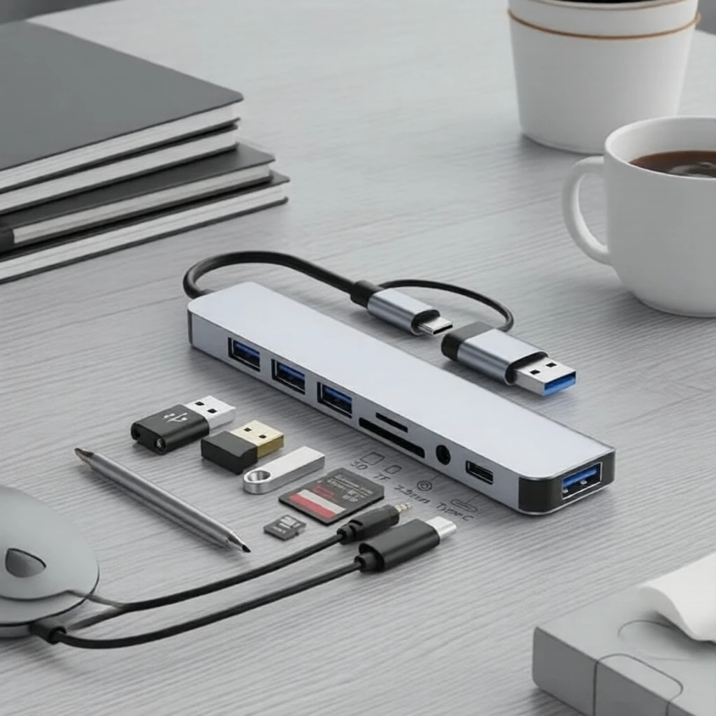 อะแดปเตอร์ฮับ USB-C 8-in-2 พร้อมช่องอ่าน SD/TF, ช่องเสียง 3.5 มม. และชาร์จผ่าน PD สําหรับโน้ตบุ๊ก/พีซี