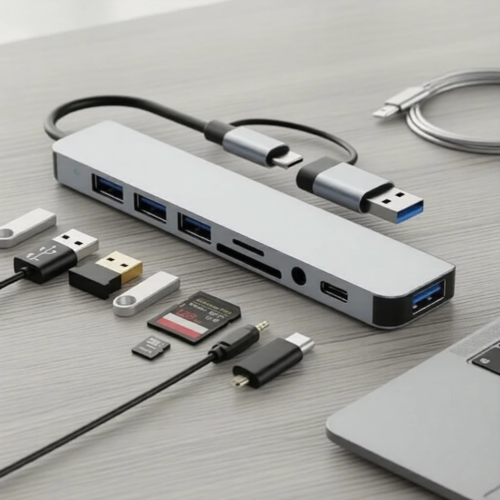 ฮับ USB Type-C 8-in-2 สําหรับแล็ปท็อป/พีซี: เพิ่มพอร์ต USB และรองรับ SD/TF, ช่องเสียง 3.5 มม., ชาร์จเร็ว PD