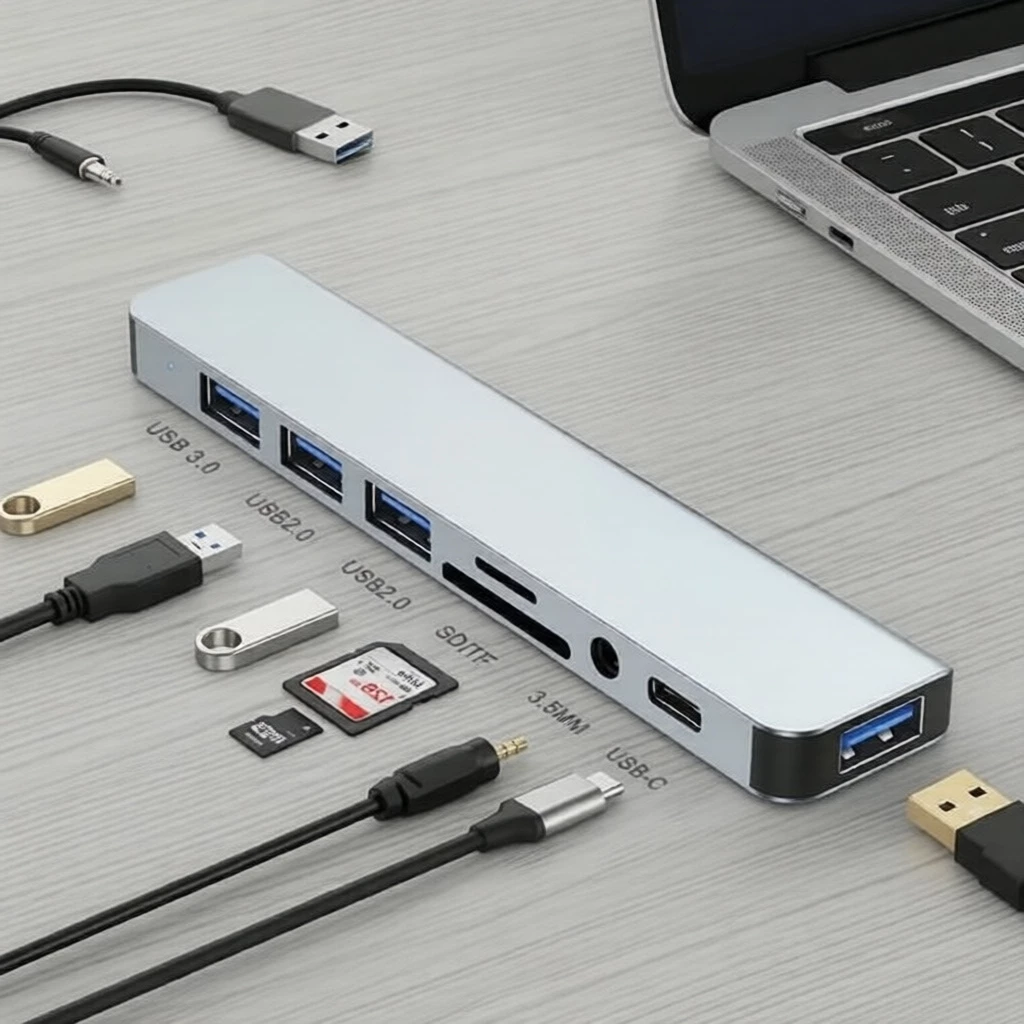 พอร์ตฮับ USB 8 in 1 เครื่องอ่านการ์ด SD ประเภท C ถึง 3.5 มม. สถานีเชื่อมต่อเสียง