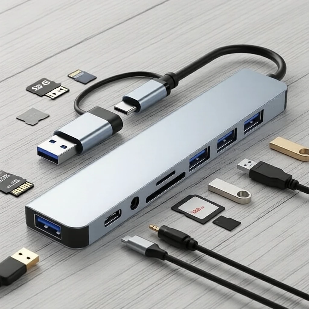 8-in-1 USB Hub ขยาย Dock Type C พร้อมตัวอ่าน TF SD และเสียง รองรับ MacBook Pro iPad Pro HP