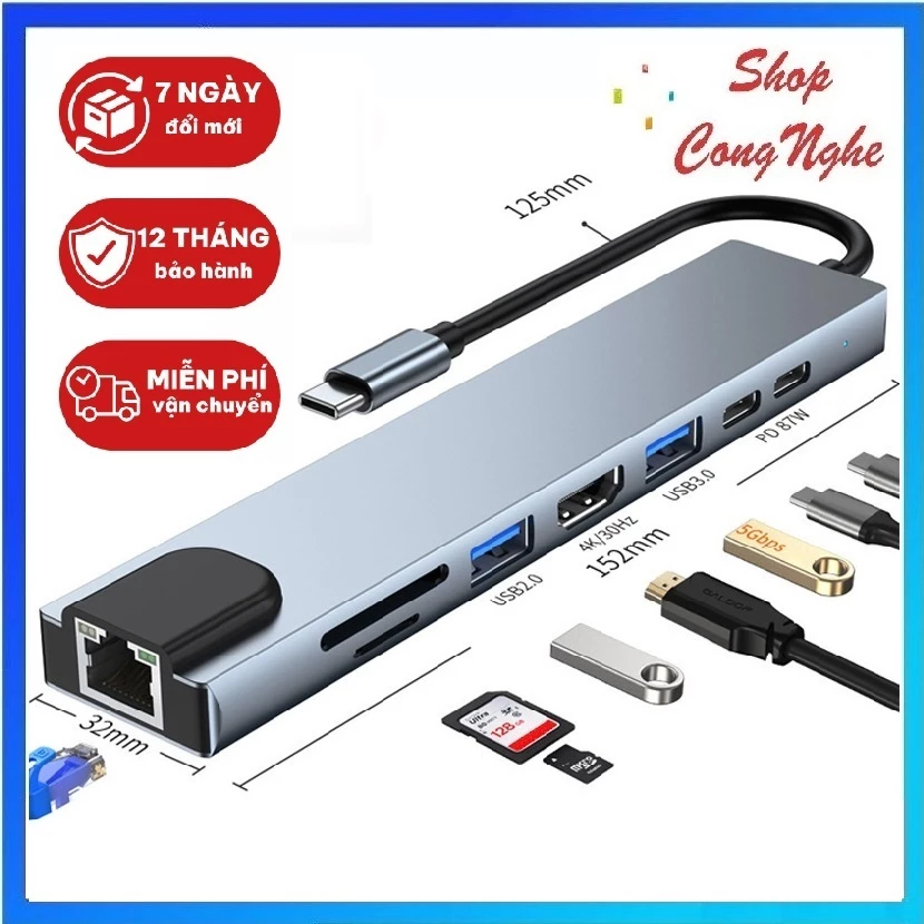 ด็อกกิ้งสเตชัน 8 อิน 1 พอร์ต Ethernet Type-C 100Mbps ตัวแปลง USB ฮับ USB ฟังก์ชันหลายพอร์ต OTG