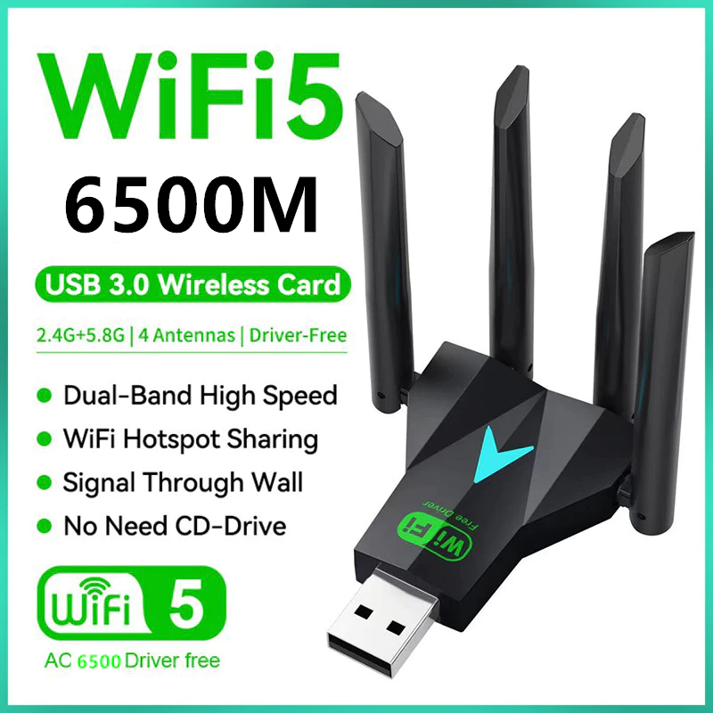 Wireless USB WiFi Adaptor 6500Mbps 4 เสาอากาศการ์ดเครือข่ายไดรฟ์ฟรี 2.4G 5G สําหรับ PC Windows 8/10/11 (内动)
