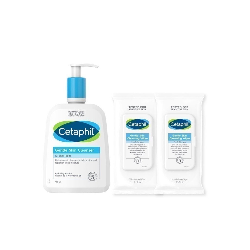 เซตสุดคุ้ม เซตาฟิล Cetaphil Gentle Skin Cleanser เจลทำความสะอาดผิวหน้าและผิวกาย 500 ml และ Gentle Skin Cleansing Cloths ผ้าเช็ดเครื่องสำอาง สูตรอ่อนโยน 25 แผ่น 2 แพ็ค