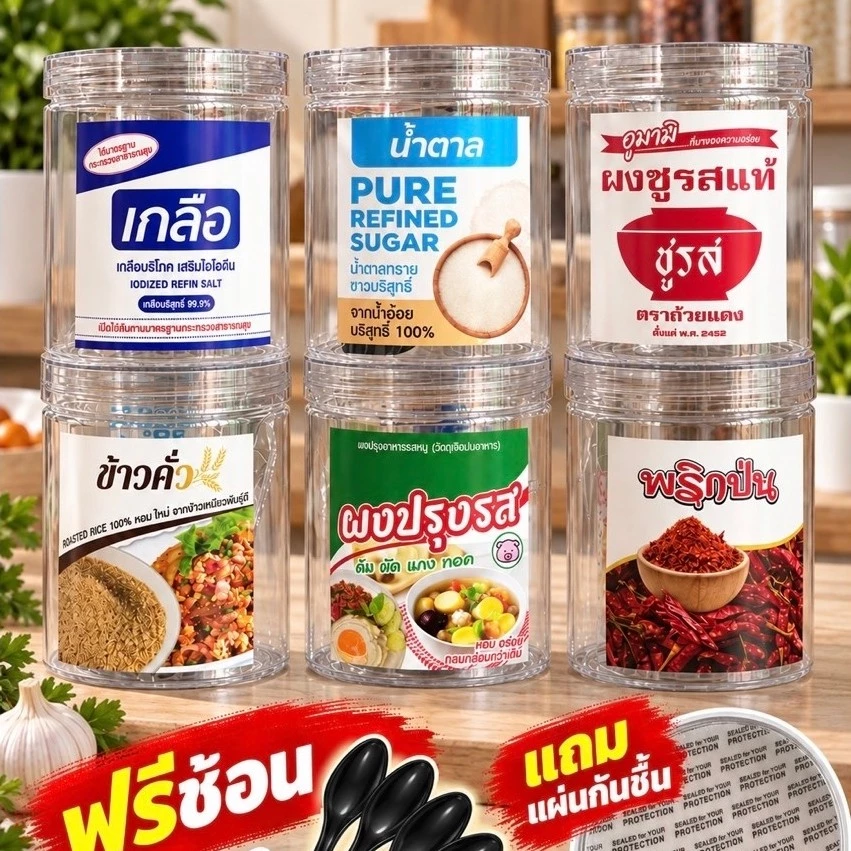 เซ็ต 6กระปุก(แถมช้อน) กระปุกเครื่องปรุงพร้อมสติ๊กเกอร์ ขนาด 419ml.