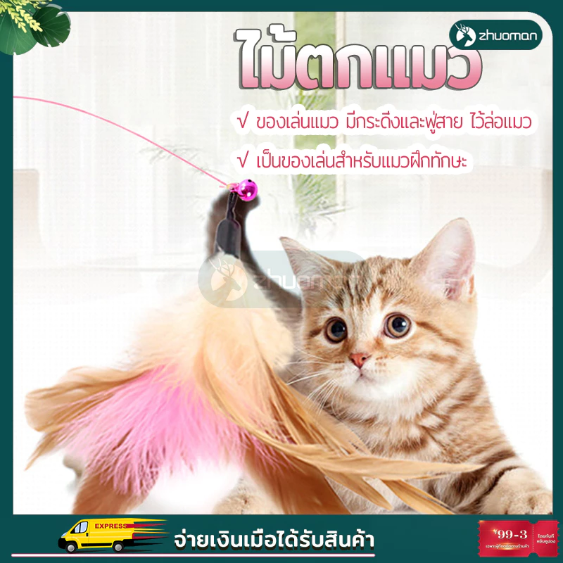 ของเล่นแมว ไม้ตกแมว ไม้ล่อแมว สายยาว 66 ซม. รุ่นปอมปอม มีกระดิ่ง/ ไม้แมว ขอเล่นแมว ไม้แมว ยาวสุด ไม้ตกแมวขนนก