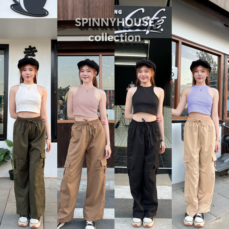  SpinnyHouse  กางเกงคาร์โก้ ขากระบอก ผ้าไมโครสไตล์ y2k แมชง่าย ดีเทลกระเป๋าข้าง สไตล์วัยรุ่น รุ่น กางเกงคาร์โก้