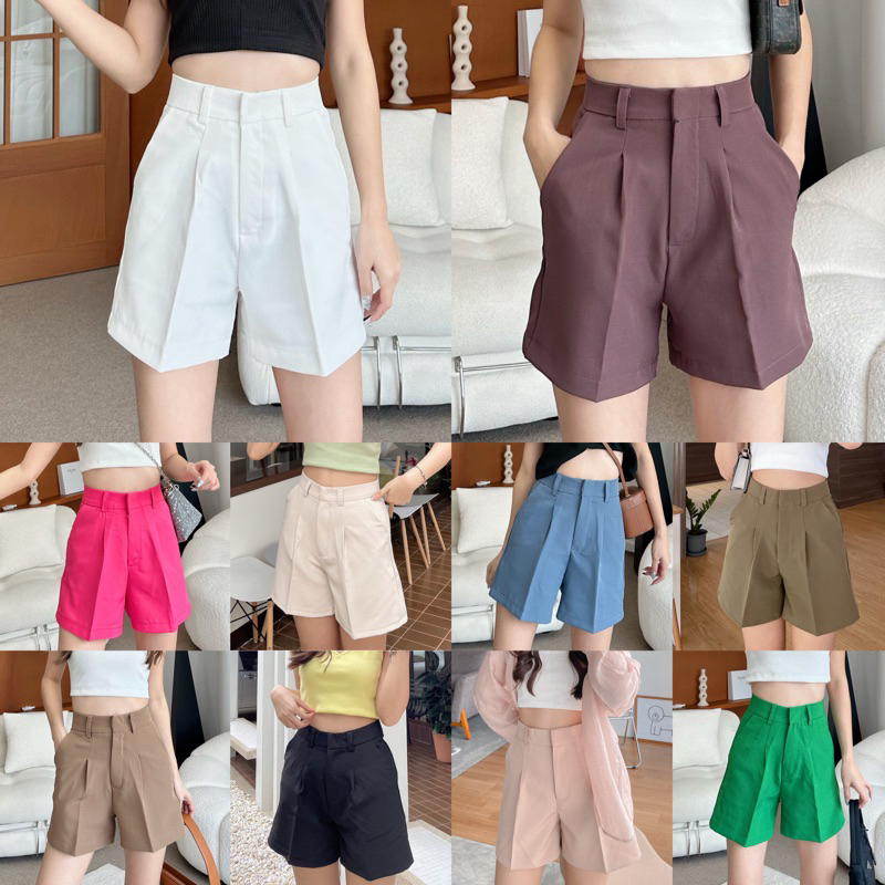 BEMYCHICXS3XL Basic shorts โพสต์1กางเกงขาสั้นเอวสูงผู้หญิงใส่ทำงานพรางหุ่นสะโพกและต้นขาเก็บพุง กางเกงผ้าทรงเบสิค