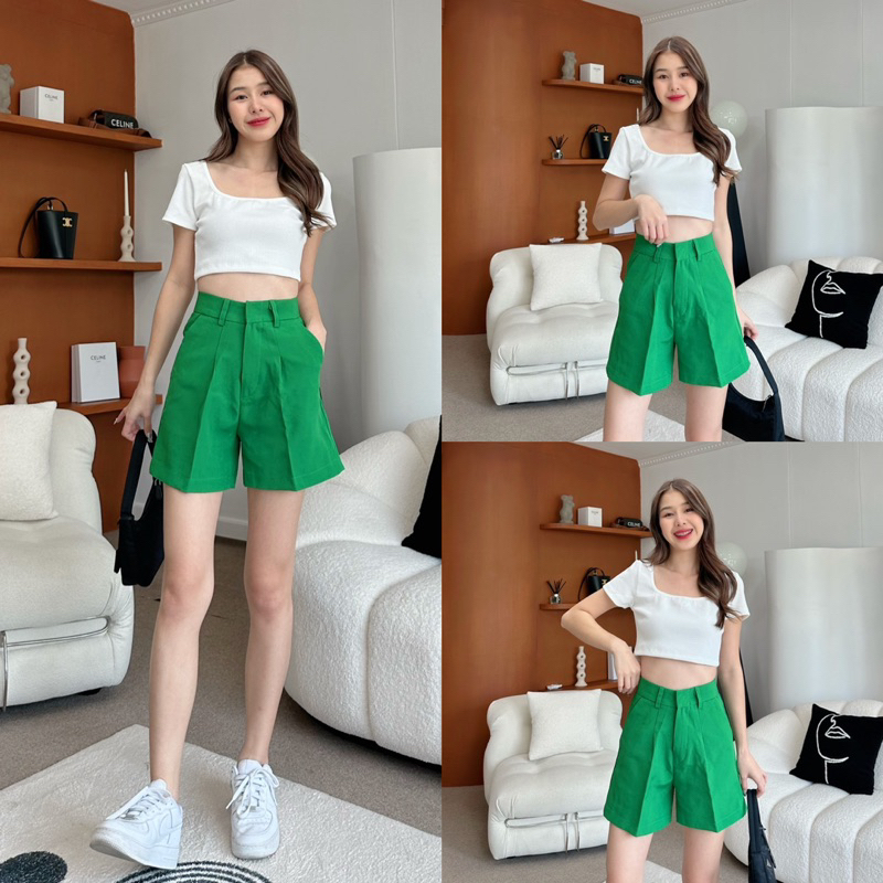 BEMYCHICXS3XL Basic shorts โพสต์1กางเกงขาสั้นเอวสูงผู้หญิงใส่ทำงานพรางหุ่นสะโพกและต้นขาเก็บพุง กางเกงผ้าทรงเบสิค