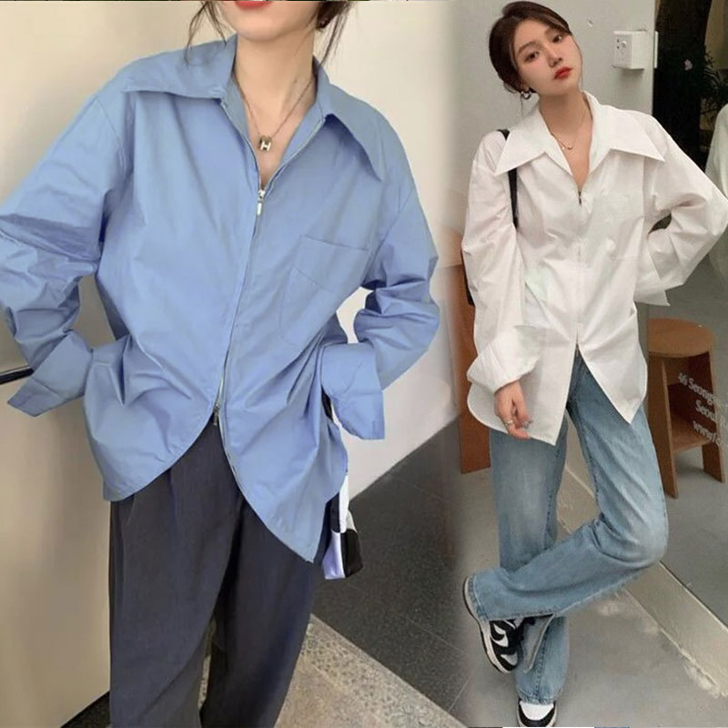 เสื้อเชิ้ตแขนยาวมีซิปผู้หญิง สีพื้น oversize เสื้อผ้าแฟชั่นสาวอวบราคาส่ง เสื้อโอเวอร์ไซส์เกาหลี สีขาวไซส์ใหญ่