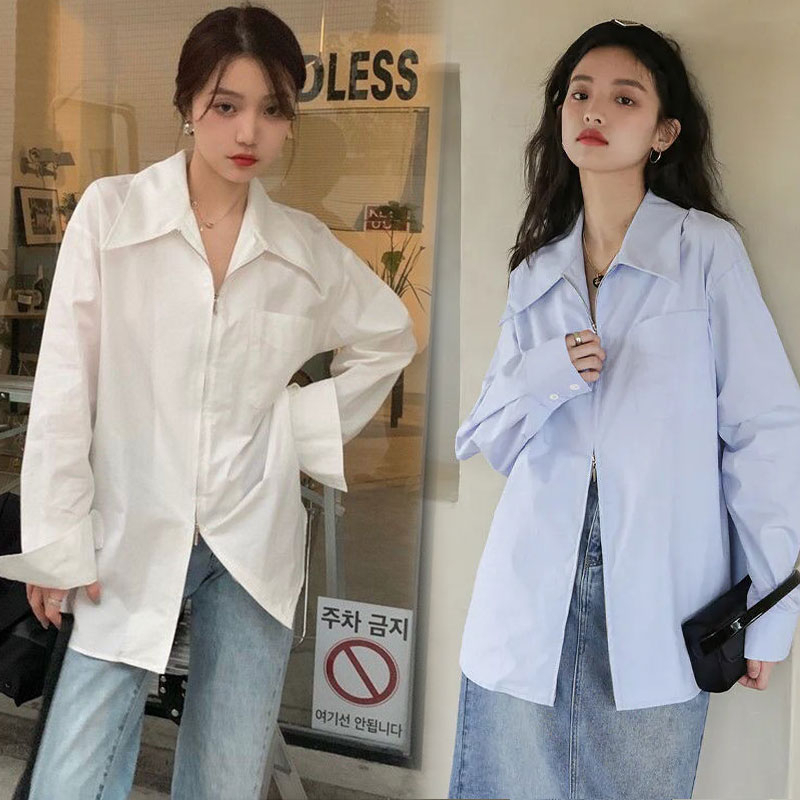 เสื้อเชิ้ตแขนยาวมีซิปผู้หญิง สีพื้น oversize เสื้อผ้าแฟชั่นสาวอวบราคาส่ง เสื้อโอเวอร์ไซส์เกาหลี สีขาวไซส์ใหญ่